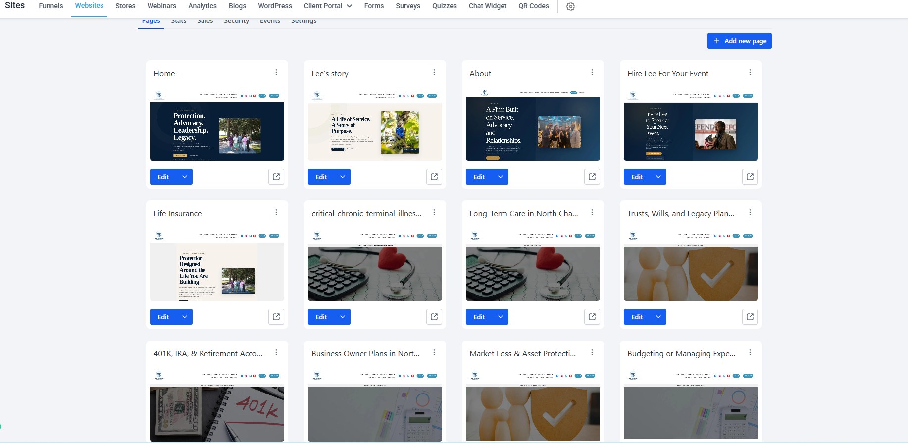 GoHighLevel Sites, Websites tab showing the multi-page website project cards including Home, Lee's story, About, Hire Lee For Your Event, Life Insurance and additional practice-area pages.
