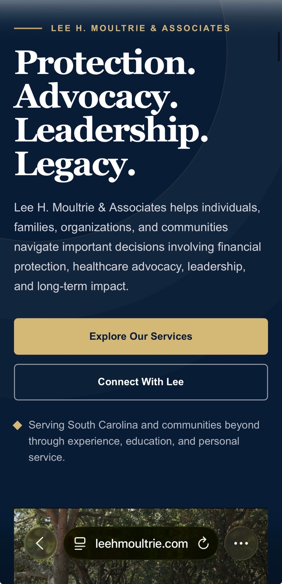 Lee H. Moultrie mobile homepage, 'Protection. Advocacy. Leadership. Legacy.'